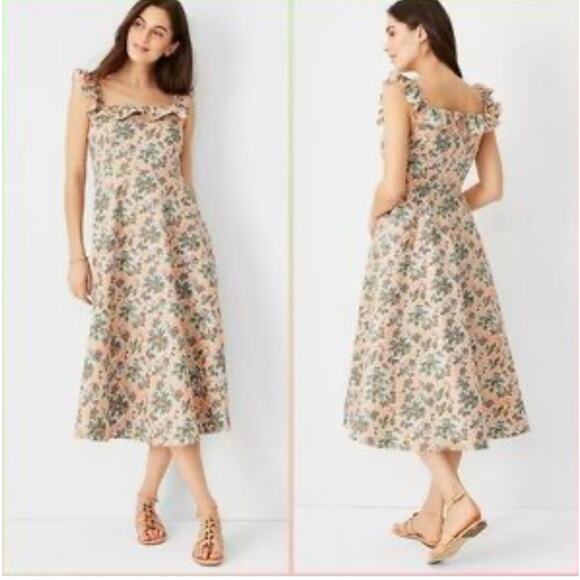 Ann Taylor Floral Ruffle Strap Midi Dress Size 14 Pink Green Spring - Picture 2 of 10